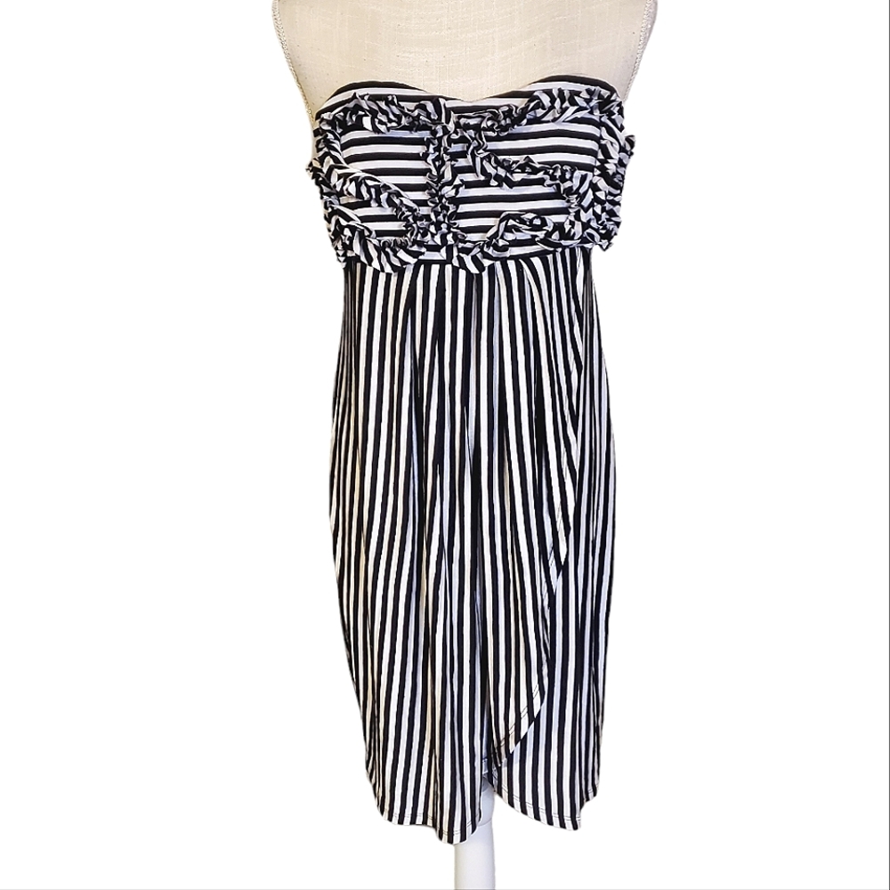 VENUS | Women's black and white striped ruffle bust detail faux-wrap cover dress